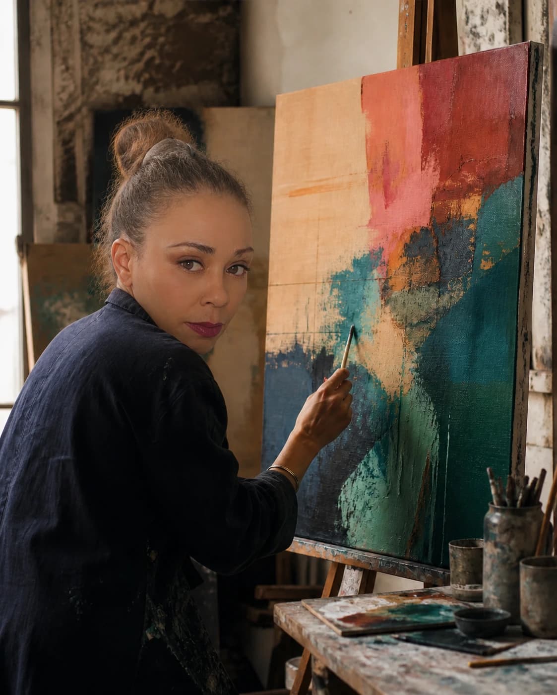 Artiste peignant une toile dans son atelier