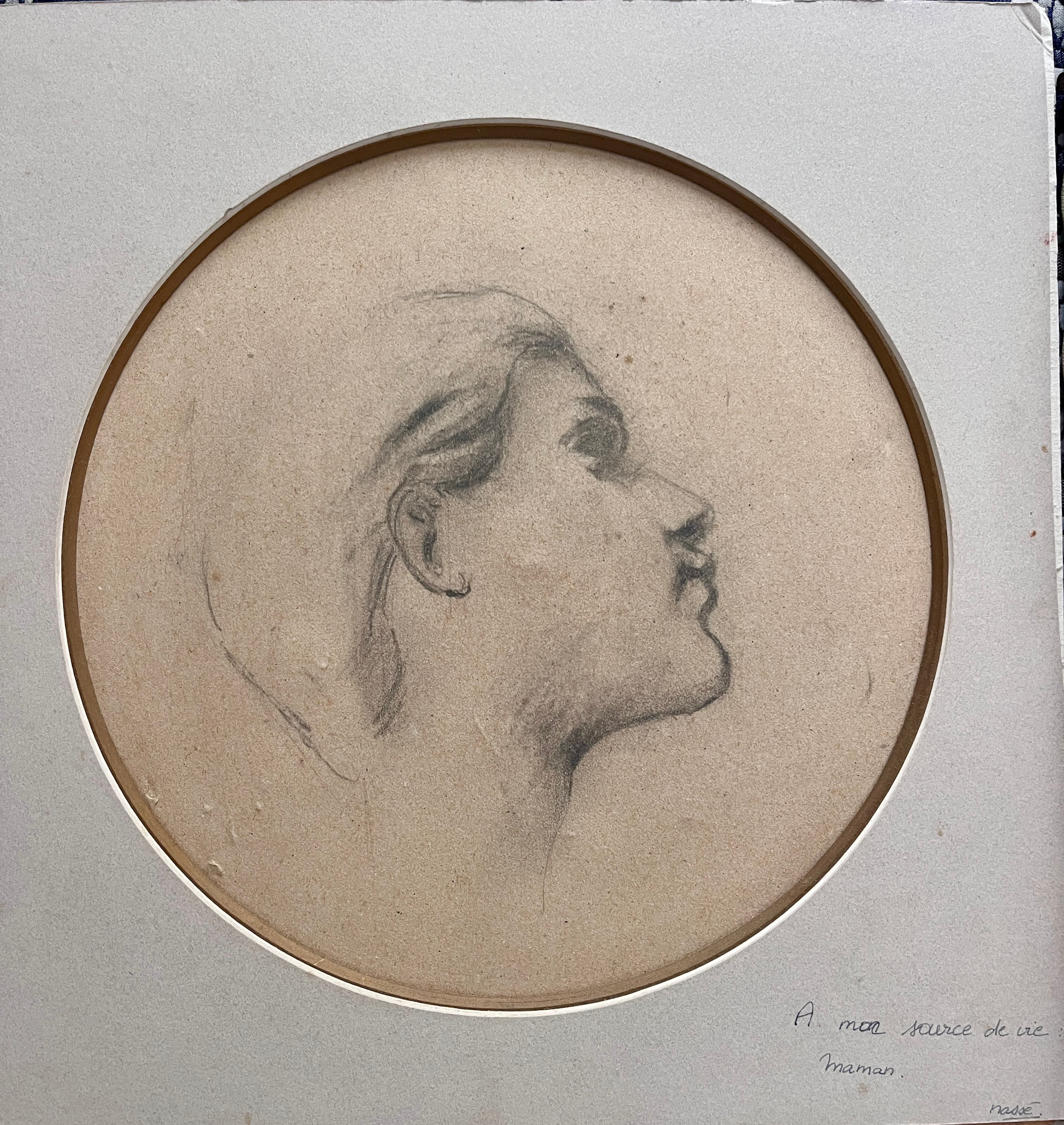 Charcoal profile portrait presented in a circle and dedicated to the artist’s mother