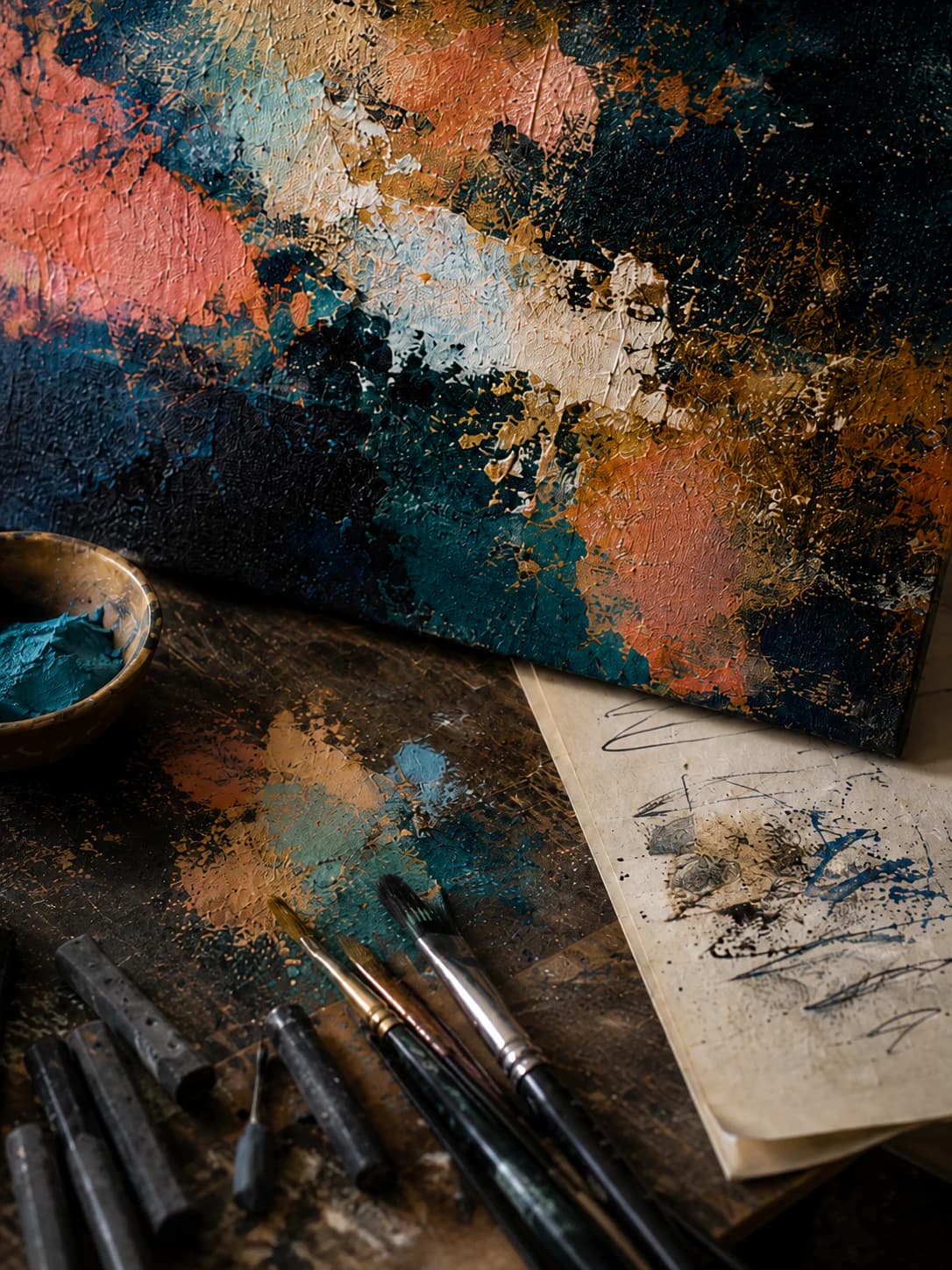 Toile abstraite texturée, pinceaux et matières sur une table d’atelier